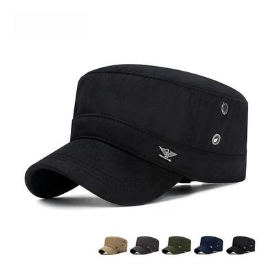 Four Seasons Men's Breathable Cotton Flat Cap with Eagle Logo: Adjustable Outdoor Leisure Sun Hat