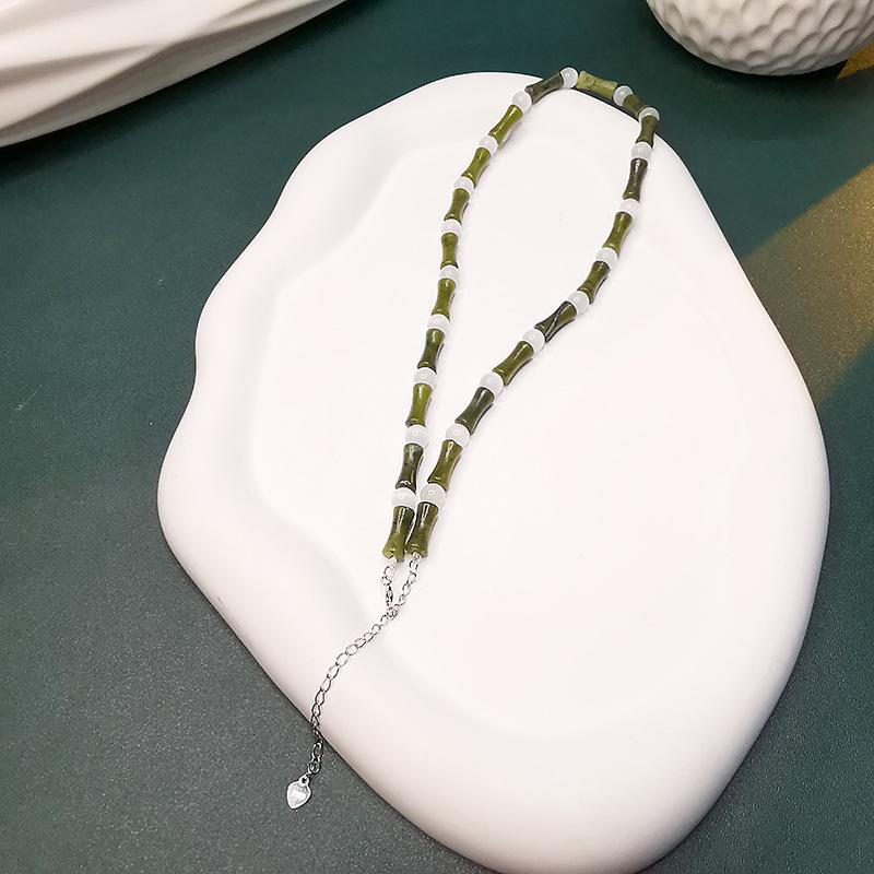 S925 Silver Bamboo-Style Necklace with Natural Olive Jade & Cat's Eye Beads: New Chinese Style for Men & Women