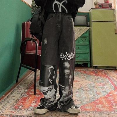 Αμερικάνικα Παντελόνια Hip-hop High Street Street Personality Graffiti Τζιν Γυναικεία Άνοιξη BF Style Ψηλόμεσο Παντελόνι με Φαρδύ Πόδι Ροκ