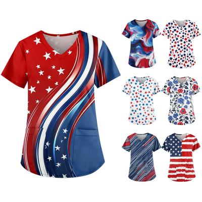 Women's Independence Day Printed Work Clothes V-neck Double Layer Pockets Basic Short Sleeve Top Pullover