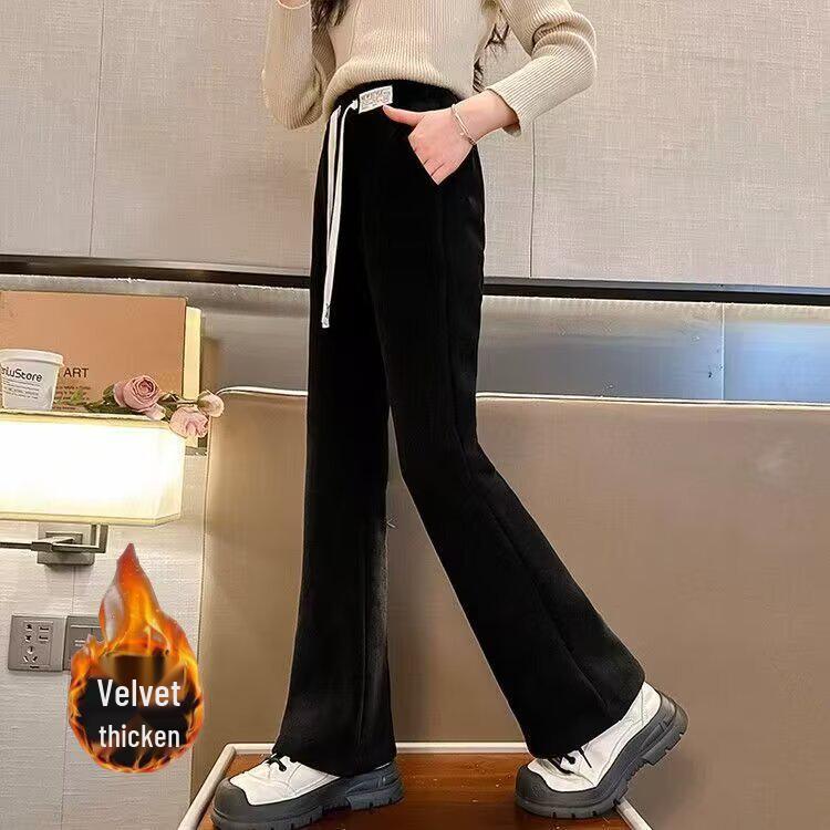 Girls' Black Plus Velvet Straight-Leg Sweatpants - New Autumn/Winter 2025 for Junior High Students
