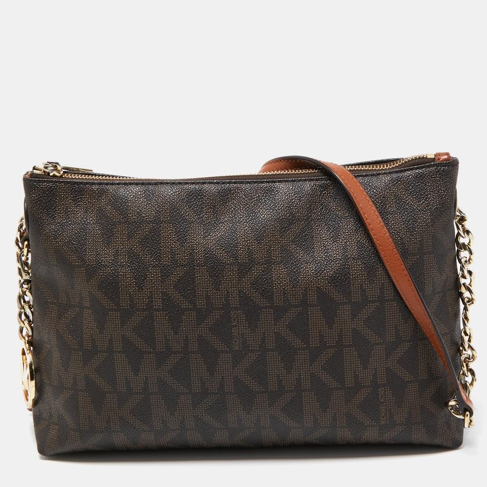 

Michael Kors Dark Signature Coated Canvas And Leather Zip Crossbody Bag brown
