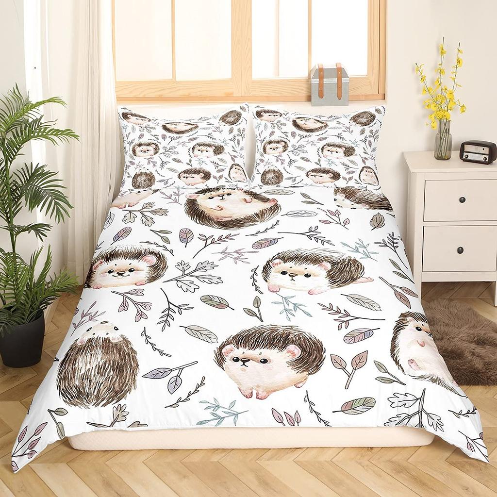 Kawaii Hedgehog Duvet Cover Set Green Cactus Plant Comforter Cover Boys Girls Adults Teens Cartoon Mushroom Bedding Sets 2/3 Pcs