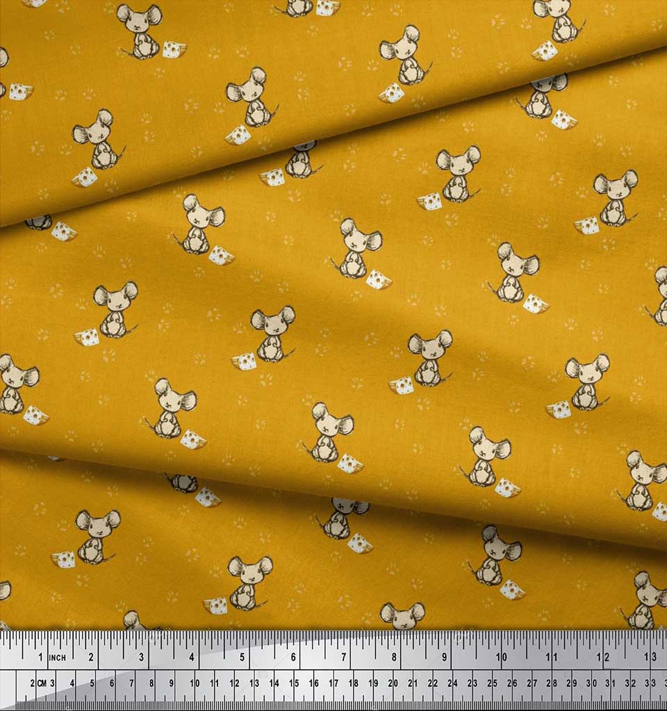 Soimoi Japan Crepe Satin Fabric Footprint,Cheese & Rat Kids Print Fabric by Metre 42 Inch
