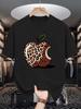Unisex Crew Neck Tee Leopard Print Bitten Apple Art Graphic Print Soft Cotton Loose Short Sleeve Summer Casual Male Streetwear Tops