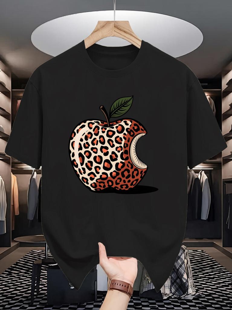 Unisex Crew Neck Tee Leopard Print Bitten Apple Art Graphic Print Soft Cotton Loose Short Sleeve Summer Casual Male Streetwear Tops