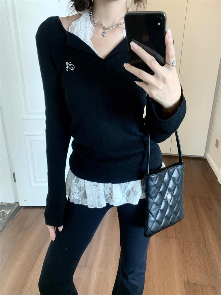 Women's Sweet & Spicy Chic Embroidered Slimming Black Long-Sleeve Sweater for Early Autumn
