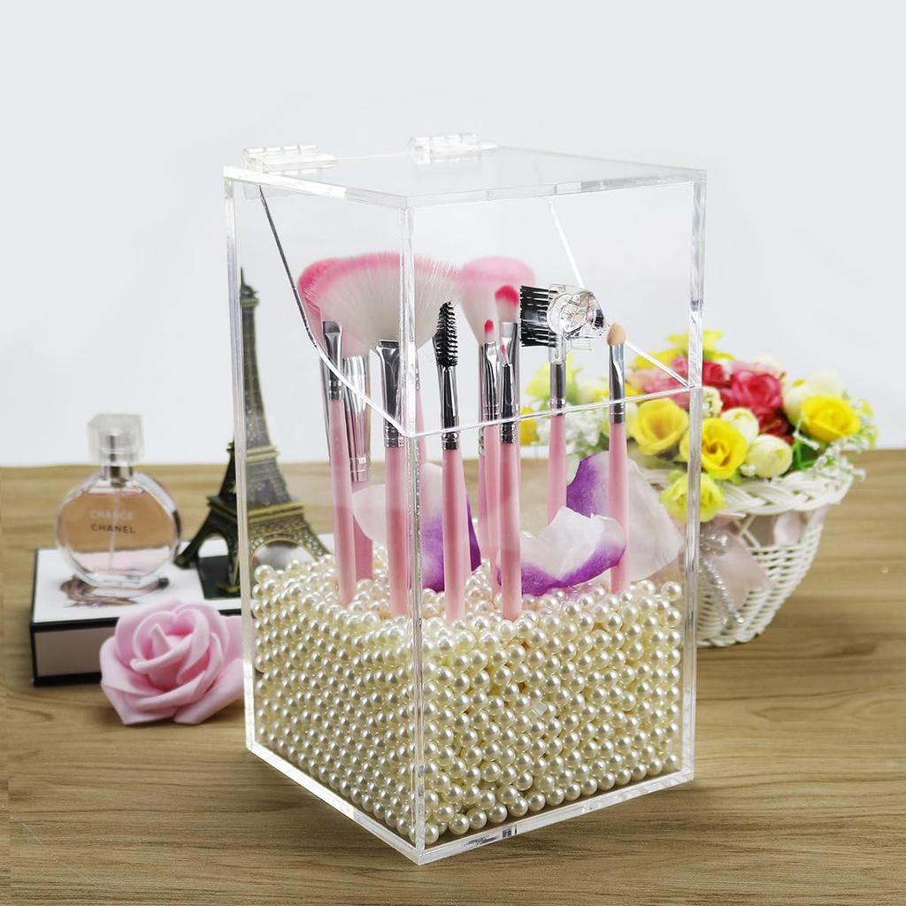 Acrylic Brush Holder,Dustproof Makeup Brush Organizer with Lid, Covered Cosmetic Brush Holder with White Pearls,Clear -NEWCREA
