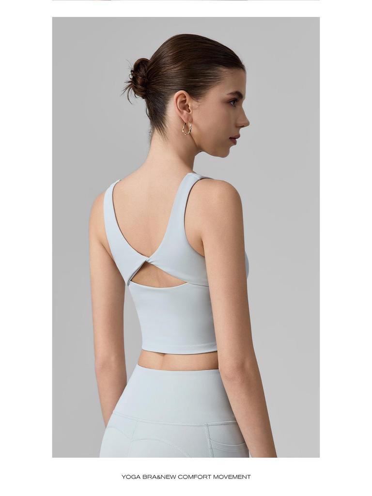 Damen Sport-Tanktop mit Schmetterlingsrücken und stoßfestem BH, festen Cups, ideal für Pilates und Yoga.