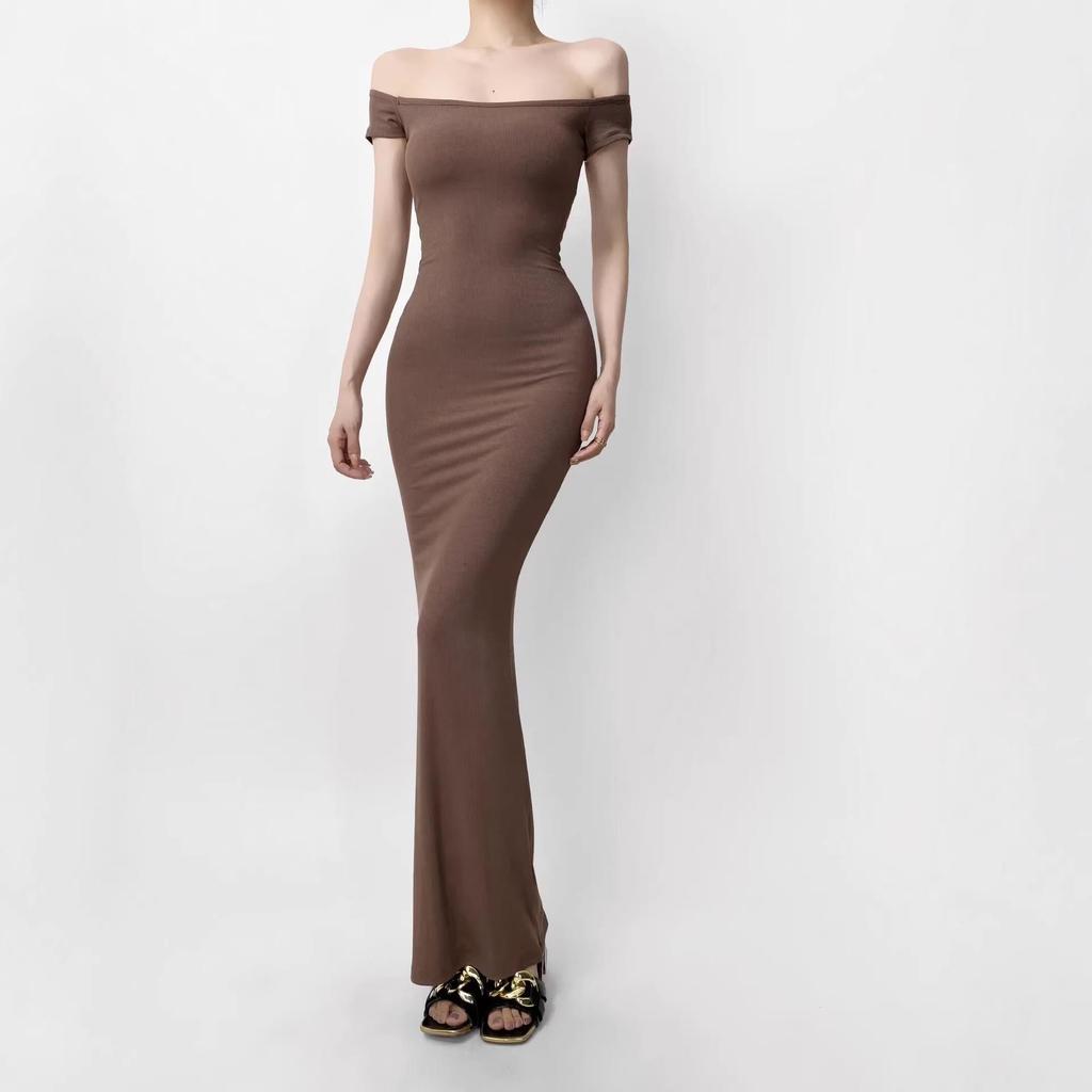 2026 Summer Sexy One-Shoulder Bodycon Dress: Hip-Hugging, Waist-Cinched, Solid Color Long Dress for Women