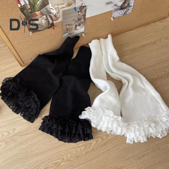 1 Pair Winter Calf Covers Lace Trim Knitted Anti-slip Solid Color Elastic Lolita Style JK Cosplay Performance Daily Wear Sports Outing Leg Warmers