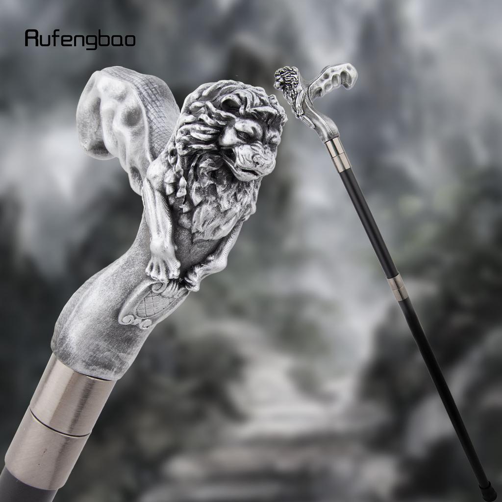 Silver Lion Head Resin Walking Cane Fashion Decorative Steel Stick Gentleman Lion Performance Stage Cane 93cm