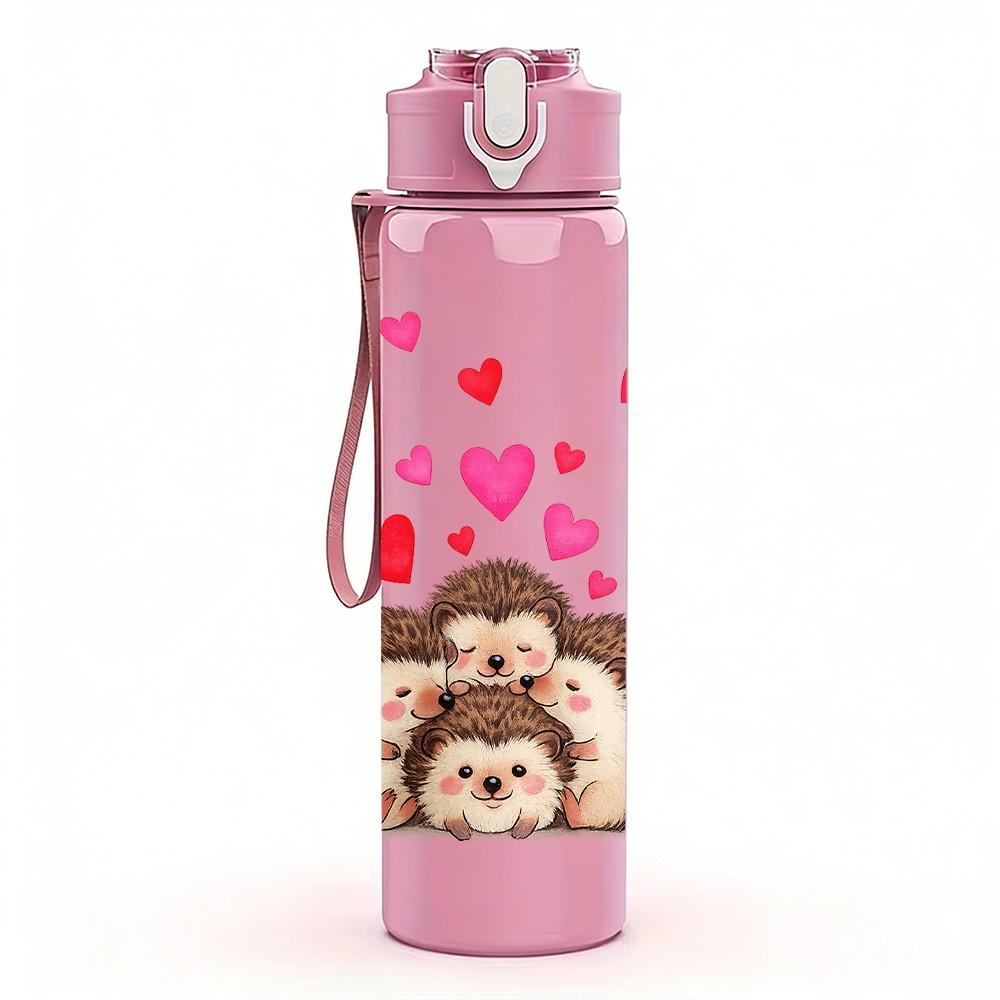 1PC Bear With Pink Hearts 750ml Color Plastic Sports Water Bottle Leakproof Flip Straw Lid Suitable for Sports Office Home Use