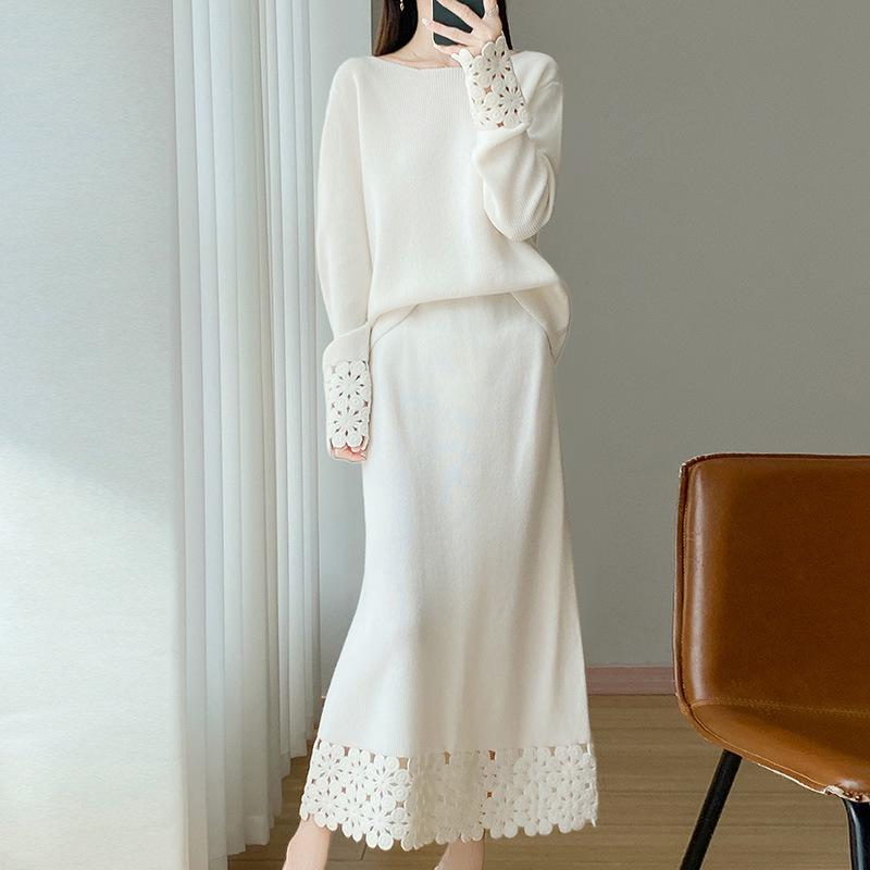 2025 Winter One-Shoulder Wool Sweater: Women's Loose Hollow Crochet Top & Gentle Style Two-Piece Set
