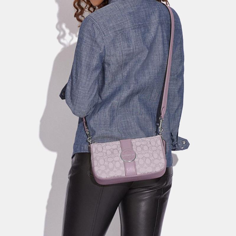 New COACH Lonnie Jacquard Fabric With Leather Shoulder Bag, Portable Crossbody Bag Medium Size Women's Lilac Purple C8306-SVSOT