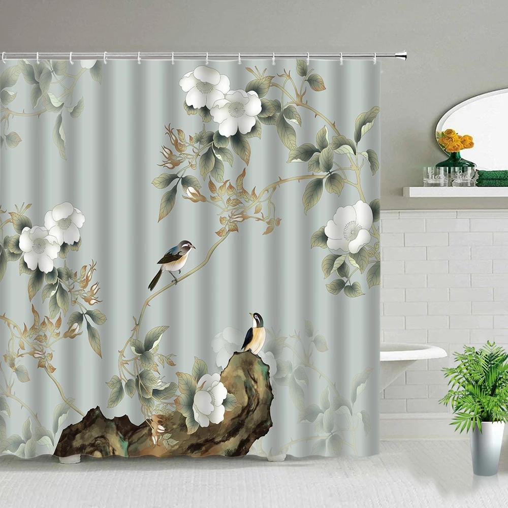 Závěs do sprchy Bambusová krajina Tušová malba v čínském stylu Květina Pták Scenérie Koupelnový Vodotěsný Látkový Koupelnový závěs s háčky