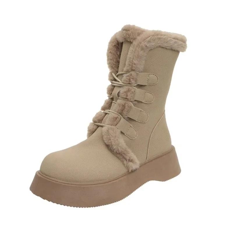 Fashion Platform High Boot Women Snow Boots Flats Fur Warm Shoes 2024 Trend Suede Cotton Sneaker Winter Kawaii Lace Up Plush Botas Mujer