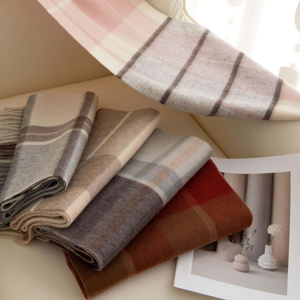 100% Wool Scarf High-end Women's Versatile Thickened Plaid Splicing Warm Scarf Dual-purpose
