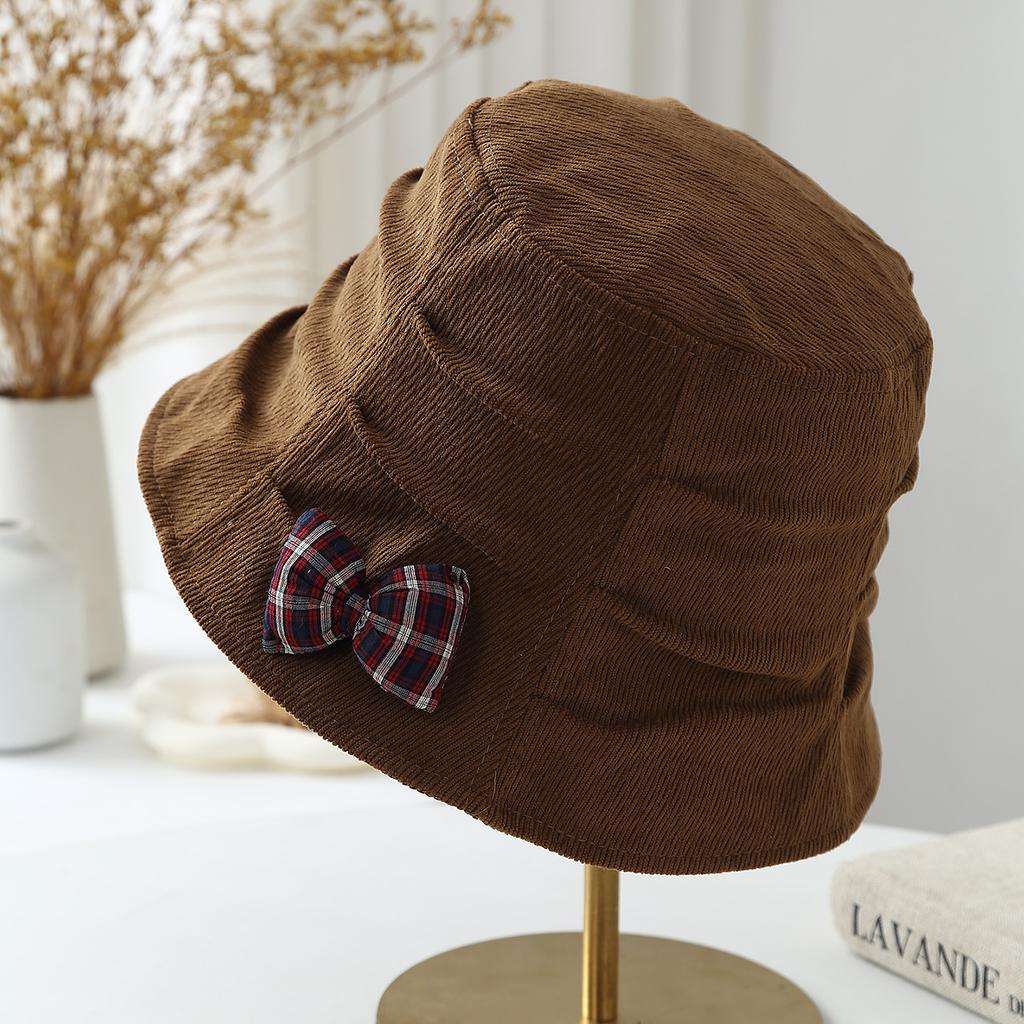 Age reducing plaid bow bucket hat women autumn and winter warm versatile front long rear short brim basin hat