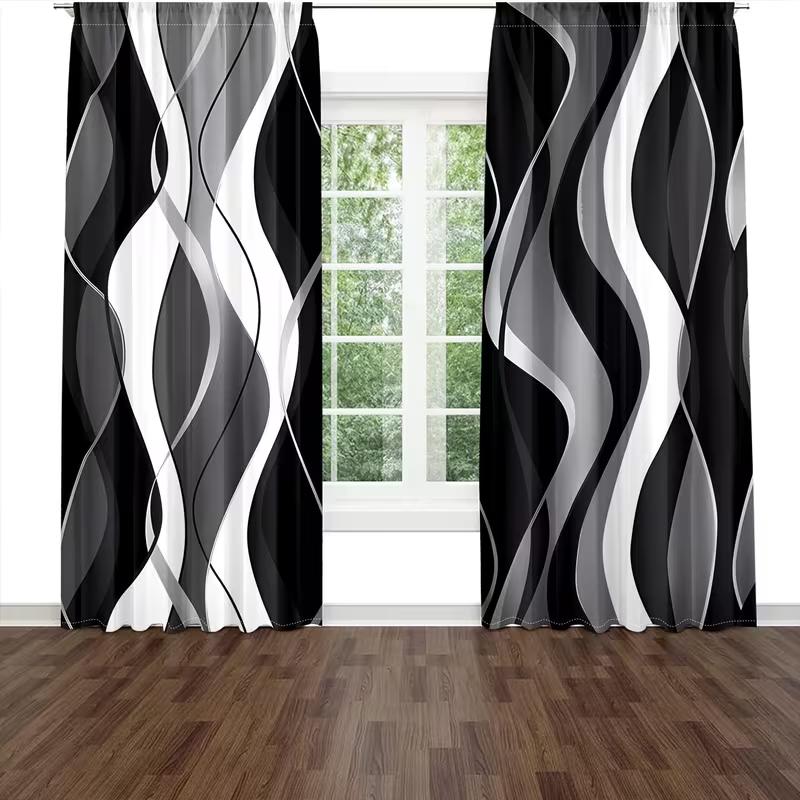 2pcs Black and White Wave Patterned Curtains   Design for Living Room Bedroom Modern Home Window Decoration   Rod Pocket Curtains