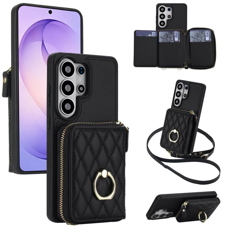 RFID Blocking Crossbody Rhombic Zipper Wallet Shockproof Phone Case With Ring Holder For Galaxy S22 Ultra 5G