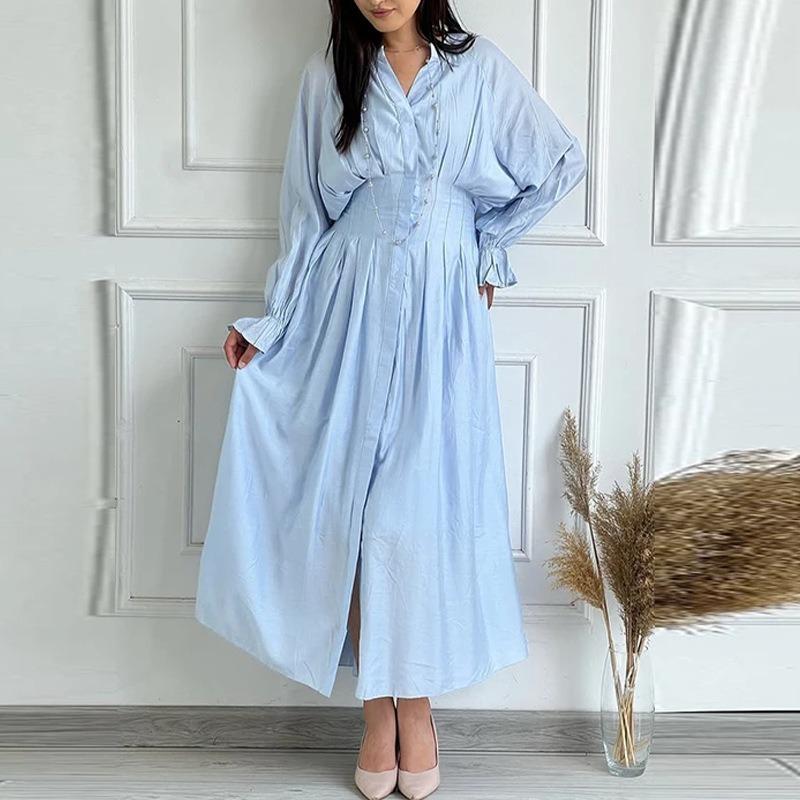 Women Elegant Solid Color High Waist Button Long Maxi Dress