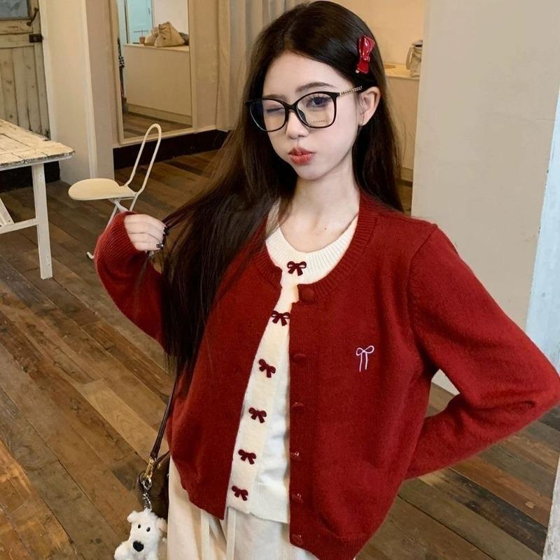 Bow Tie Fake Two Women's Cardigans Color Blocking Round Neck Solid Color Knitted Sweater Campus Style Korean Style Woman Slimming Casual Coat