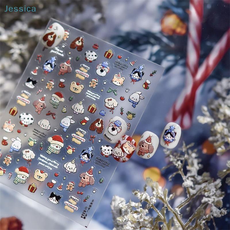 Christmas Style Animal Bear Puppy Print Bow Snowflake Snowman Christmas Tree Nail Art Stickers