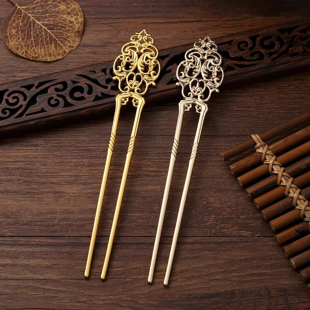 Chinese Ancient Style Straight Hairpin Twist Hairpins Versatile Electroplating U-shape Hairpin Creative Hollow Hair Accessories