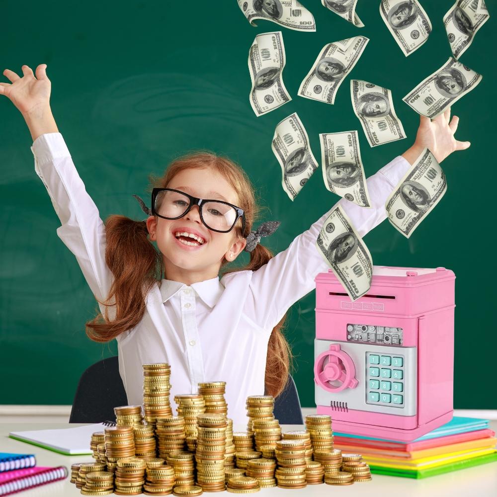 Safe Piggy Bank for Children with a Pin, Large Electronic ATM, Pink Coins