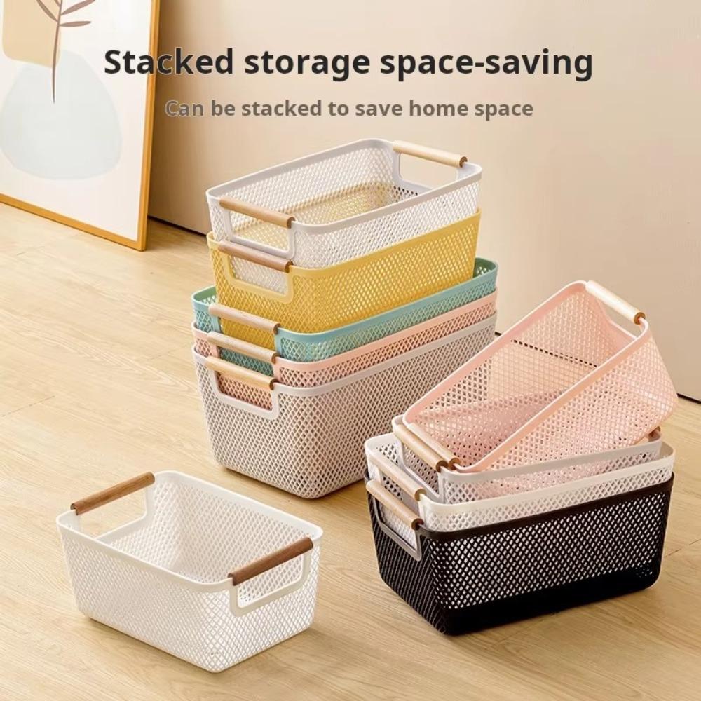 Plastic Hollow Storage Basket Rectangle Wood Handle Sundry Storage Basket Multi Functional Large Capacity Woven Mesh Basket
