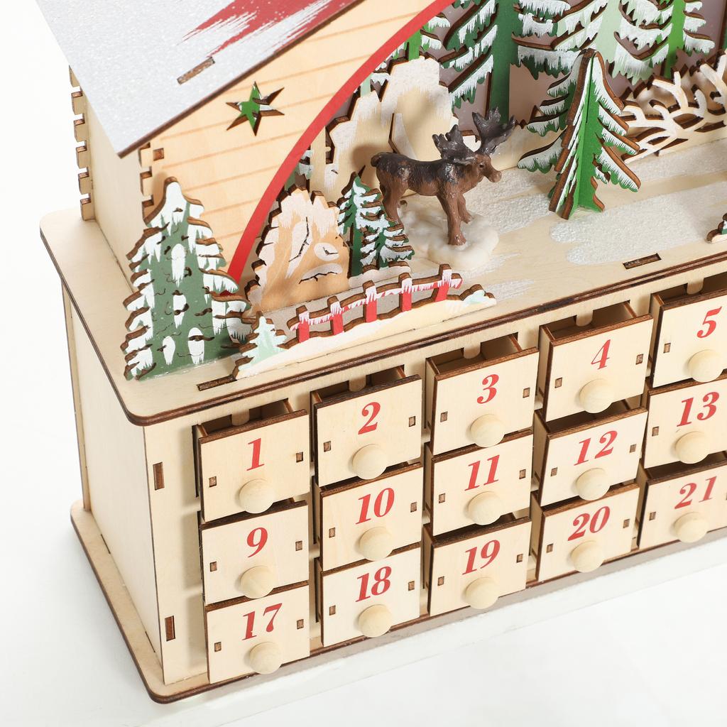 Light-up Advent Calendar, Fillable Advent Calendar, 24 Drawers, Village Scene, 36x10x34cm, Natural Wood