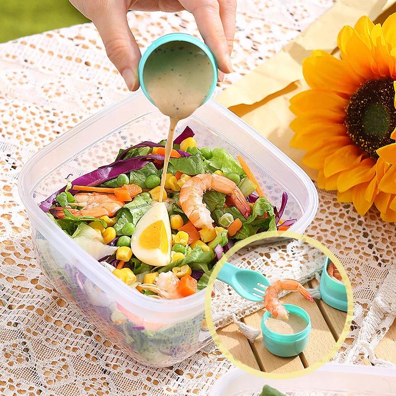 Portable 2 Layer Salad Bowls with Fork 1300ml/1600ml Lunch Box Sealed Leakproof Bento Boxes Reusable Picnic Box Food Container