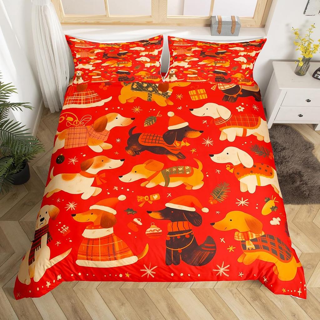 Dachshund Dog Duvet Cover Set Twin King Merry Christmas Theme Bedding Set 3Pcs For Kids Teens Kawaii Cartoon Pet Comforter Cover