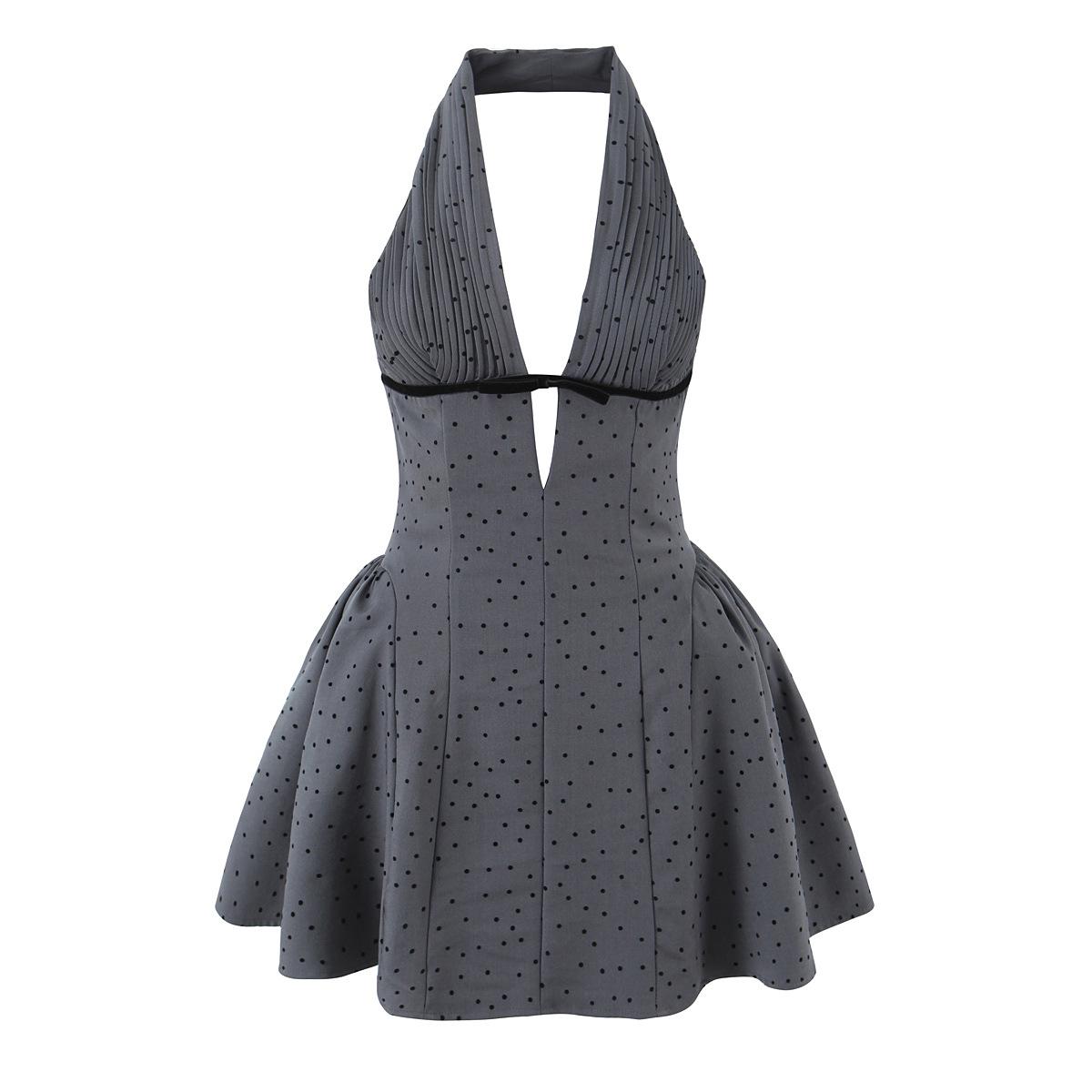 2026 Chic Polka Dot V-Neck Slim Fit Halter Dress Large серый