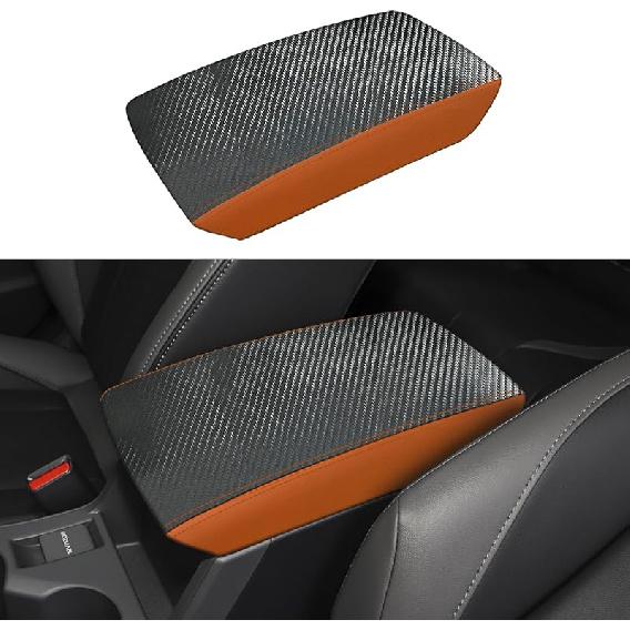 Car Center Console Armrest Cover for Subaru Crosstrek/Impreza 2024 2025 Leather Anti-Scratch Central ArmRest Box Lid Seat Cover Protector Cushion Carbon Fibre + Orange lea
