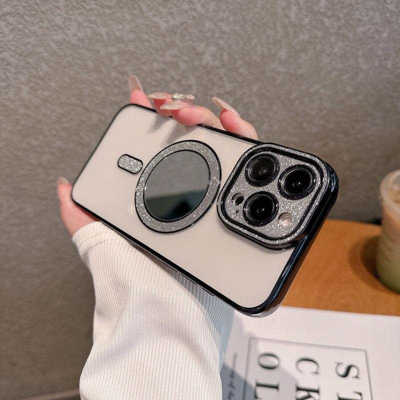 New Apple 16 mobile phone case iPhone15promax electroplated flash diamond lens 14 mirror glitter magnetic suction soft cover