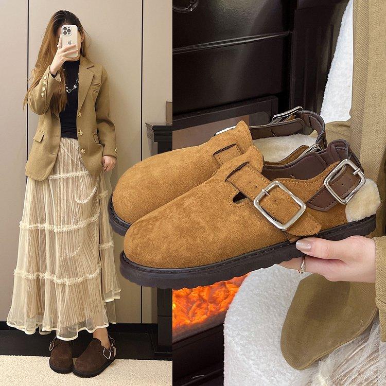 Cowhide Version of Boken Shoes Women's Bag Head 2025 Autumn and Winter New Retro One-word Buckle Warm Lazy Slippers Trendy Outside