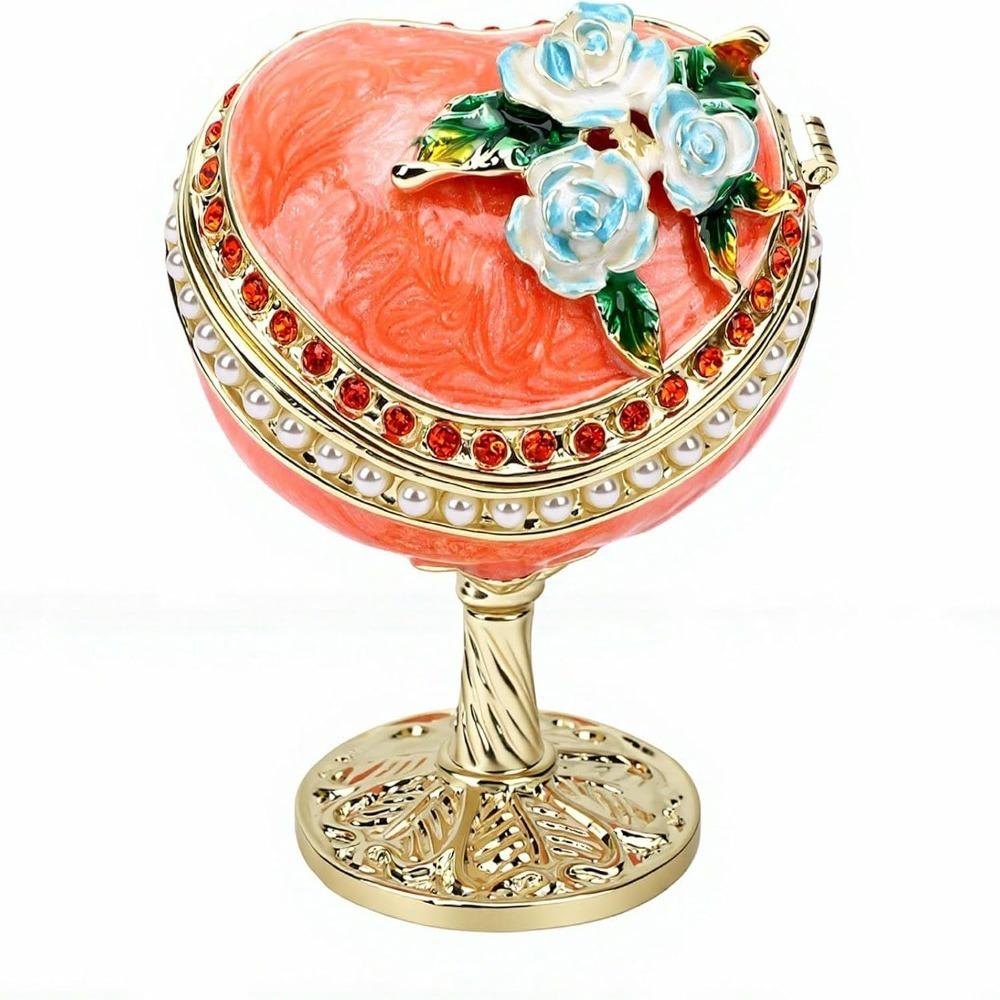 Hinged Lid Heart Trinket Box Alloy Enamel Ring Holder Box Vanity Dresser Display