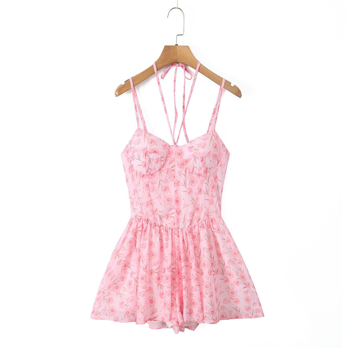 

European & American Style Summer Floral Halter Tie-Up Camisole Dress Medium квітковий/рожевий