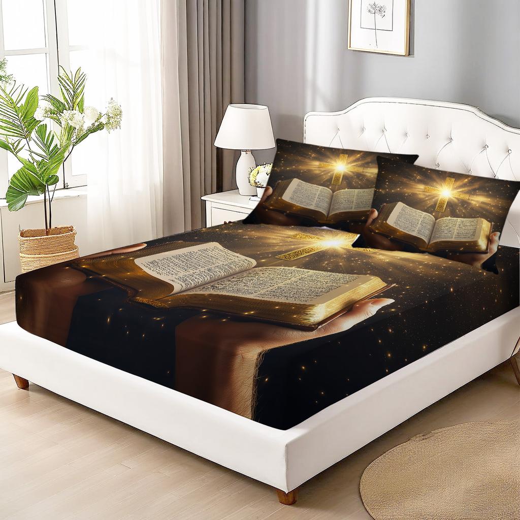 Latacaca 3pcs Religious Bible and Cross Fitted Sheet Set 1 Fitted Sheet and 2 Pillowcases All Seasons Bedding Set Perfect