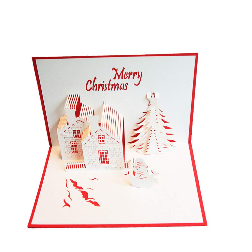 Moin Moin Christmas Merry Greeting Message Paper 3D Chimney White 2 Card, Pop-Up Cutout, Art, House, Tree, Snowman, Red, (Card + Envelopes)