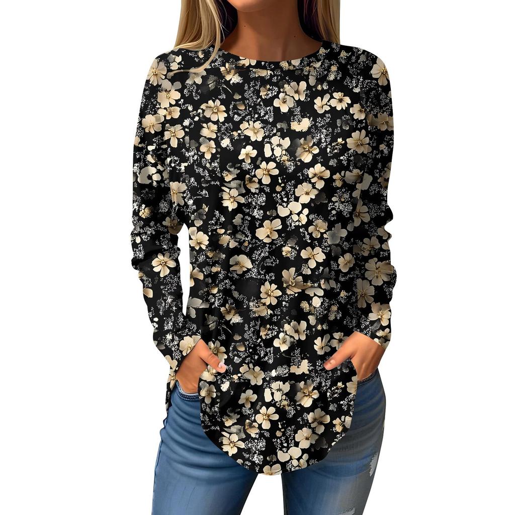 Women's Loose Round Neck Print Long Sleeve T-Shirt Top Pullover