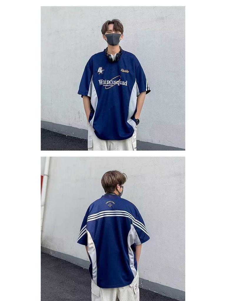 Camiseta de Béisbol Bordada Retro con Cuello en V - Manga Corta, Corte Holgado, Estilo para Parejas.