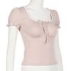 French Romantic Pleated Lace U-Neck Puff Sleeve Slim Fit Casual Top
