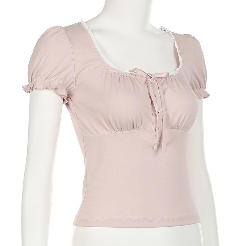 French Romantic Pleated Lace U-Neck Puff Sleeve Slim Fit Casual Top