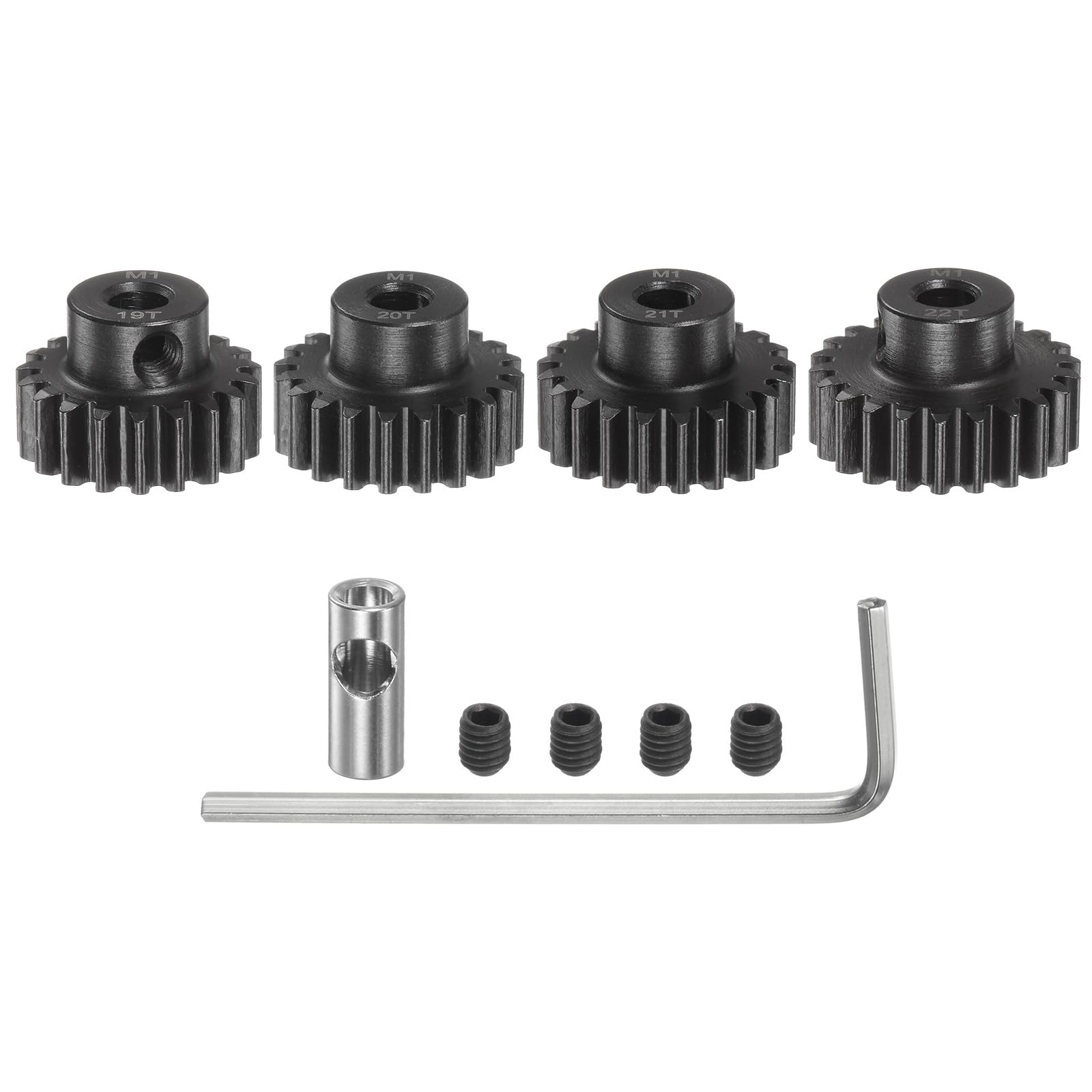 

uxcell M1 Mod1 Pinion Gear Set, 5mm Shaft, 19T, 20T, 21T, 22T Motor Gear, Hardened Steel Pinion Gear with 3.17mm Coupler for RC Car (4 Pieces)