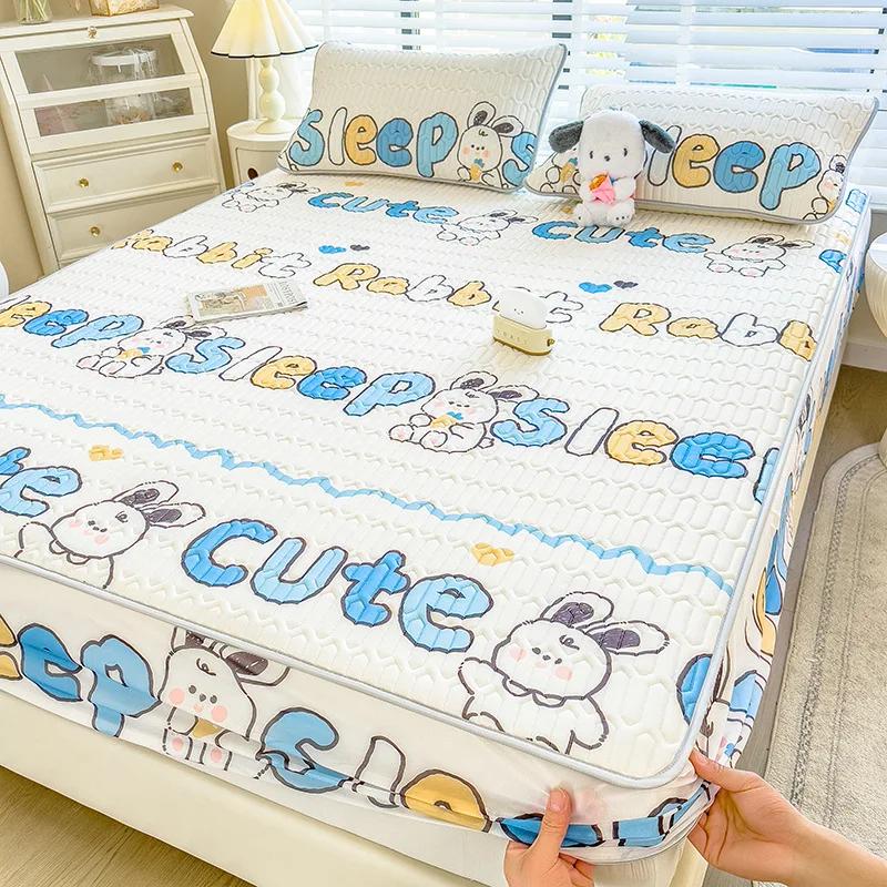3Pc Summer Natural Latex Cooling Mat Set Cartoon Printed Fitted Sheet With Pillowcase Soft Non Slip Bedding With Elastic Band