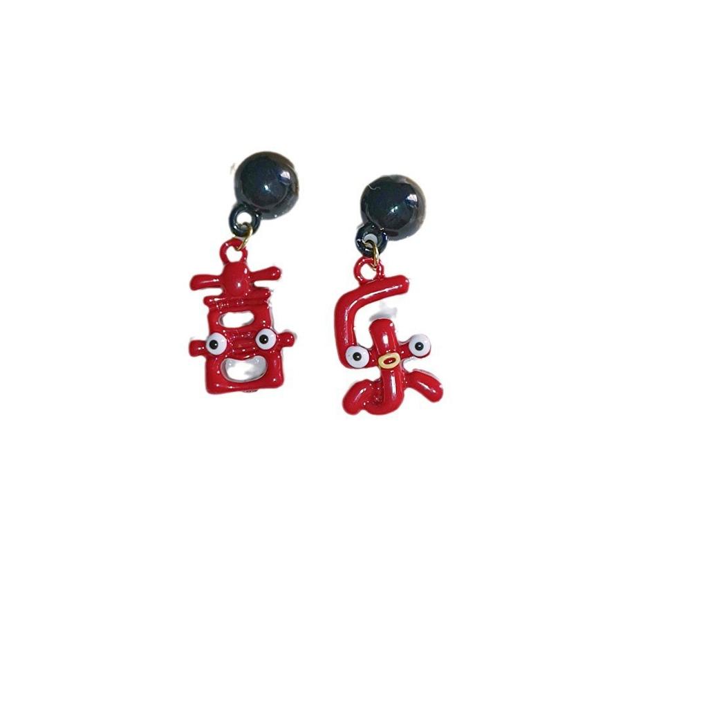 Guochao Festive Joy Earrings Personality Cute Cartoon Three-Dimensional Character Earrings New Atmosphere Red Fun Earrings