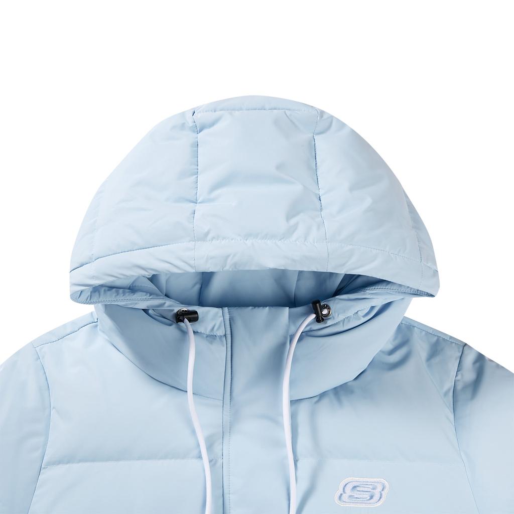 Skechers Colorful Casual Series Solid Color Woven Hooded Mid-Length Down Jacket Women outerwear Cashmere-Blue L422W144-00F5